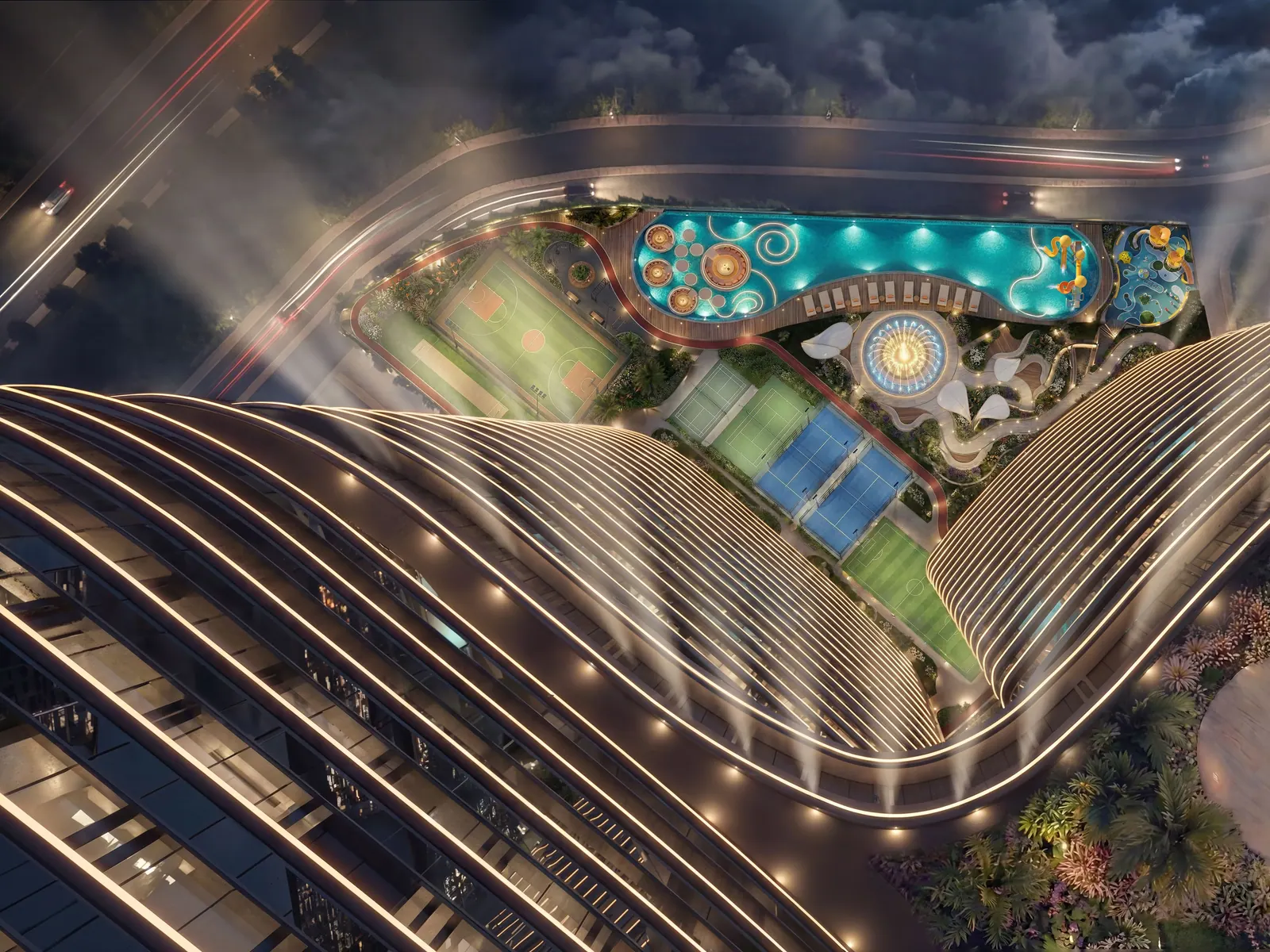 Aerial view of the 120,000 sq ft amenity podium at Serenz by Danube
