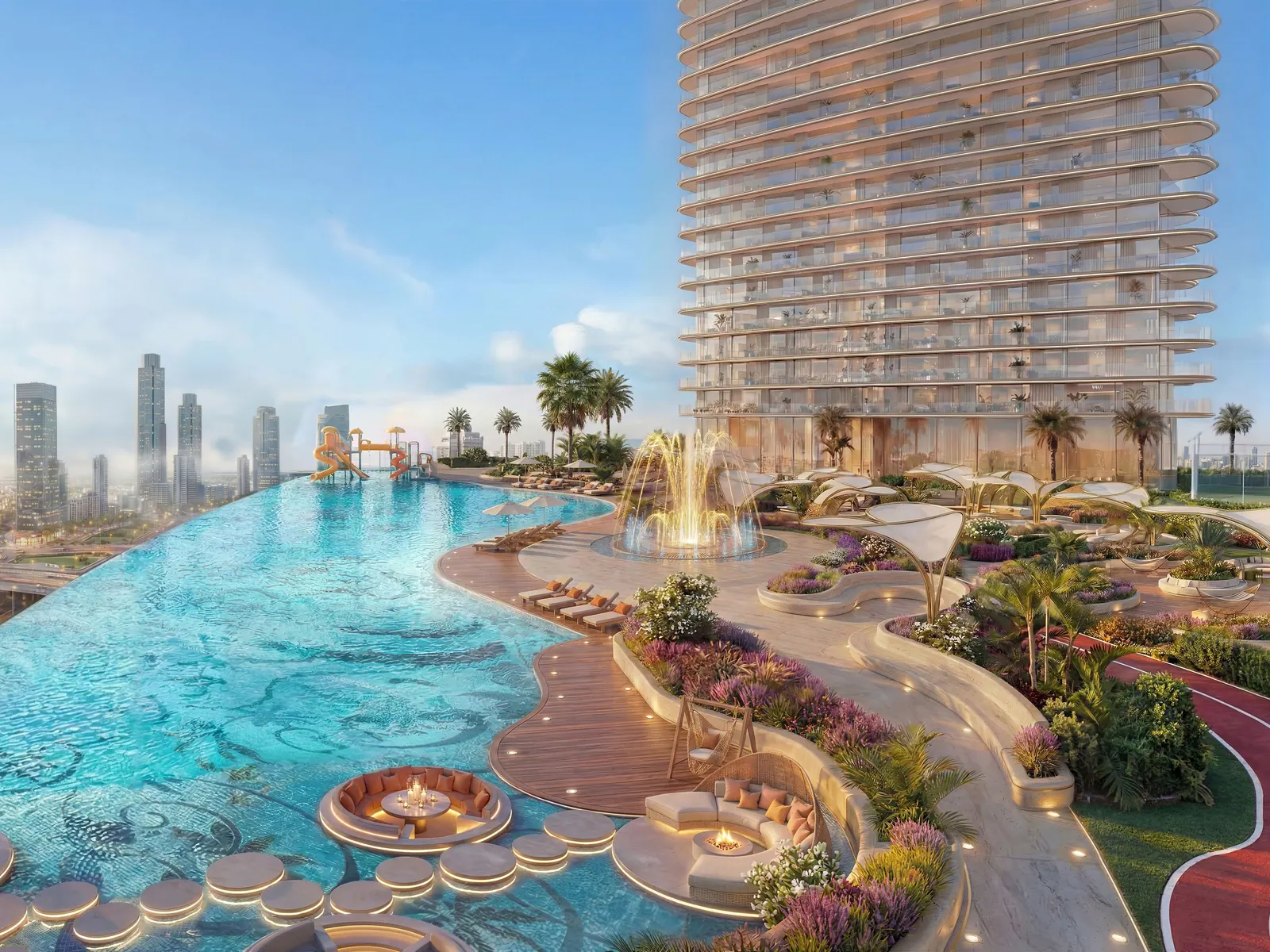The Serenity Pool at Serenz by Danube with the Dubai skyline behind it