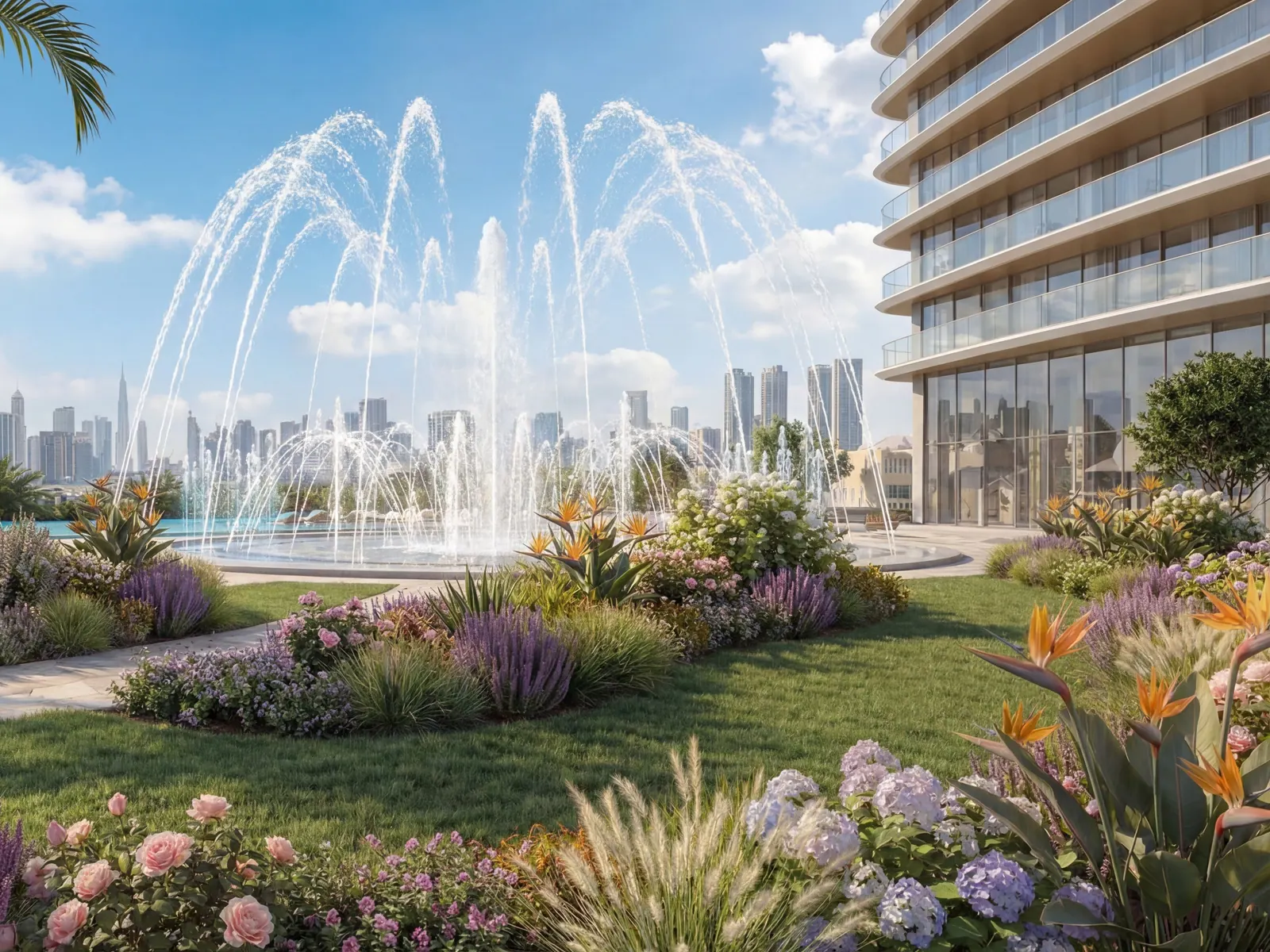 The sensory park and planting around the Serenity Fountain by day