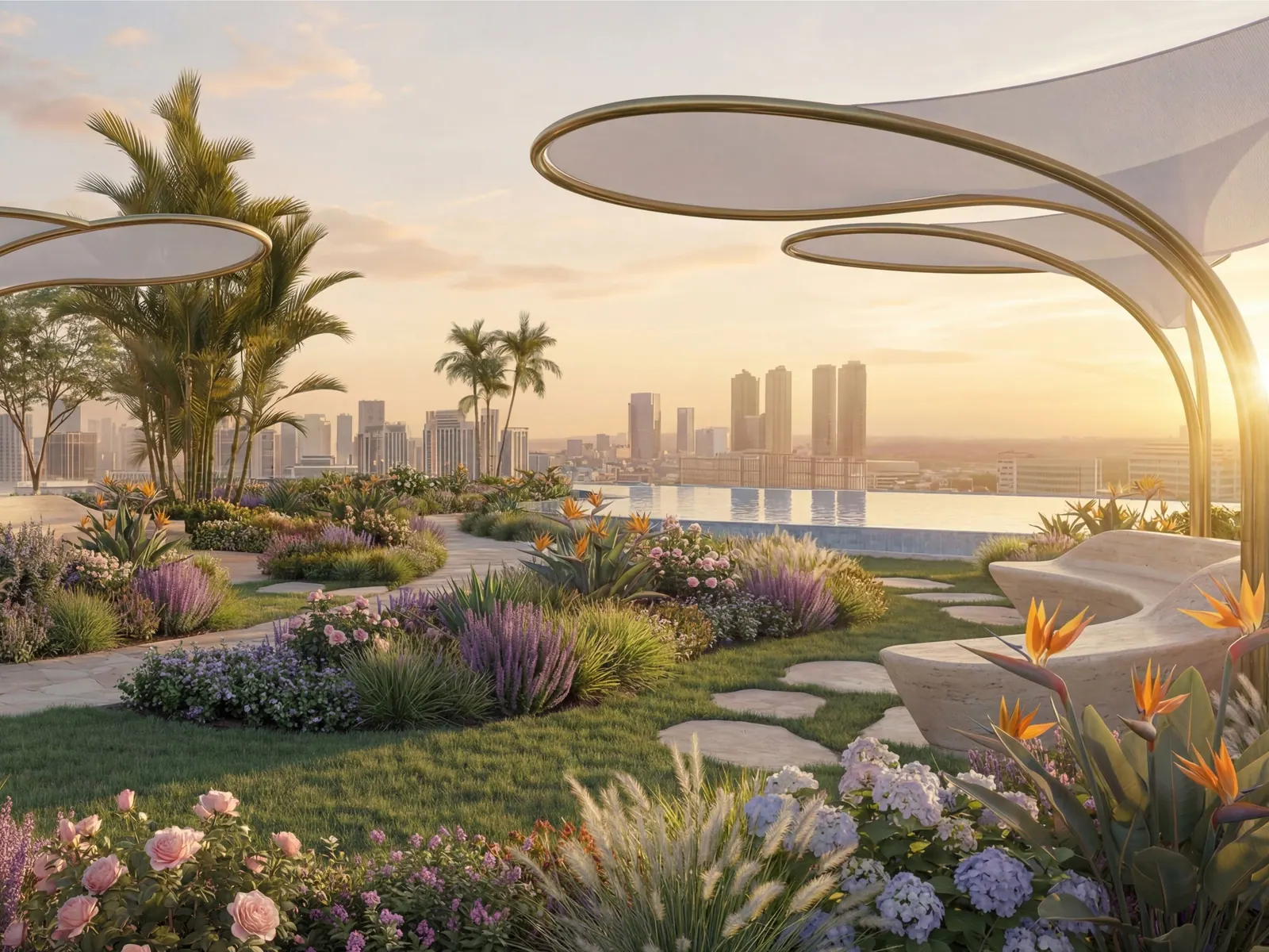 The Serenity Garden at Serenz by Danube at golden hour