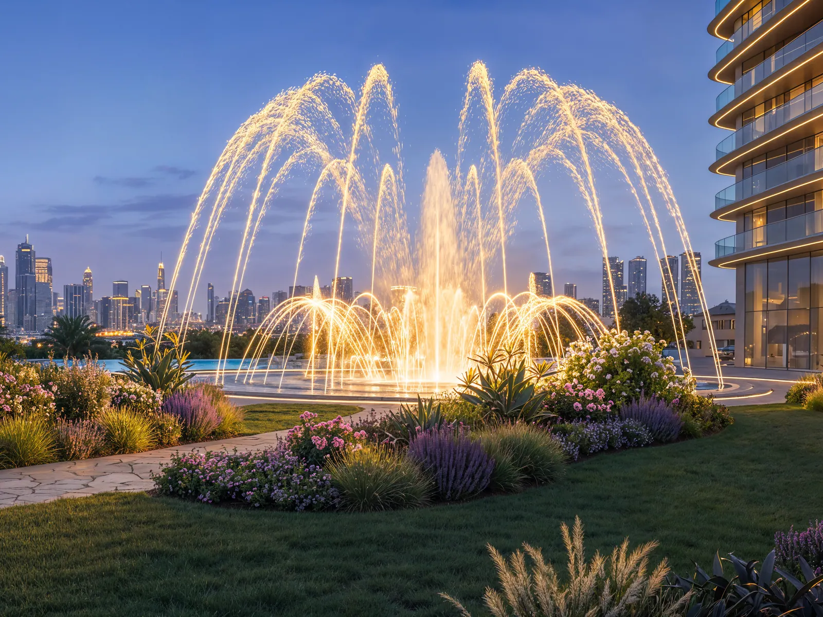 The Serenity Fountain at Serenz by Danube lit up after dark