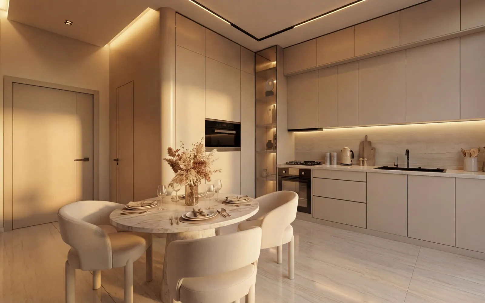 The fitted kitchen and dining area of a Serenz by Danube apartment