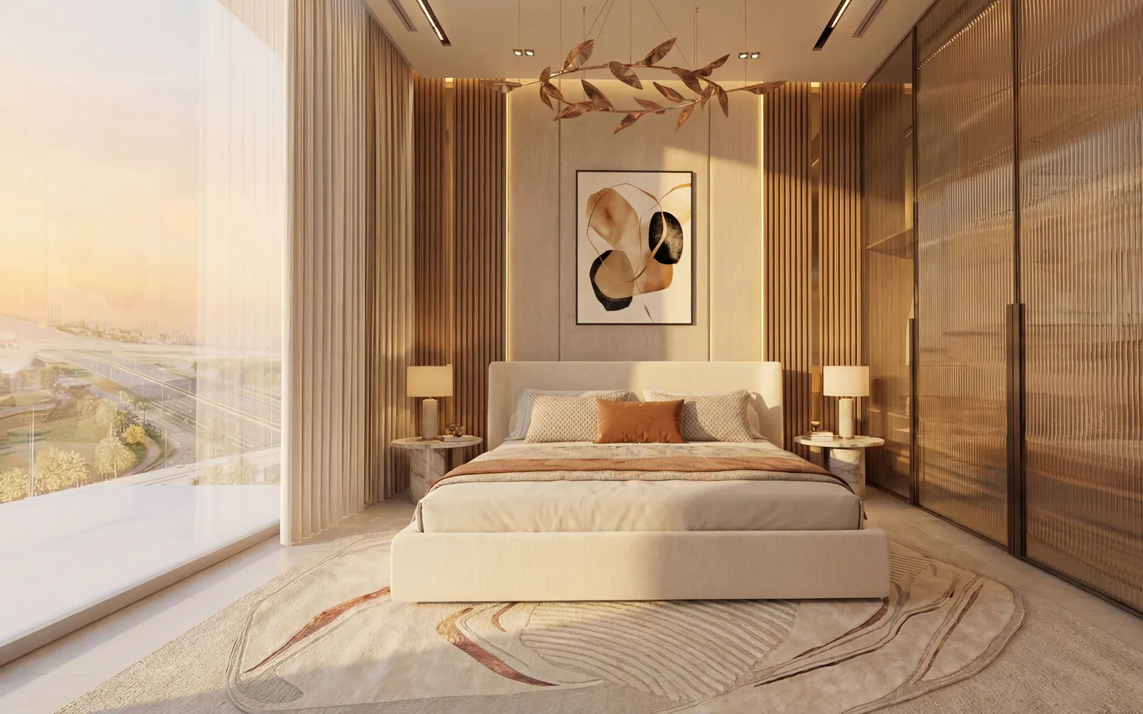 The furnished master bedroom of a Serenz by Danube apartment