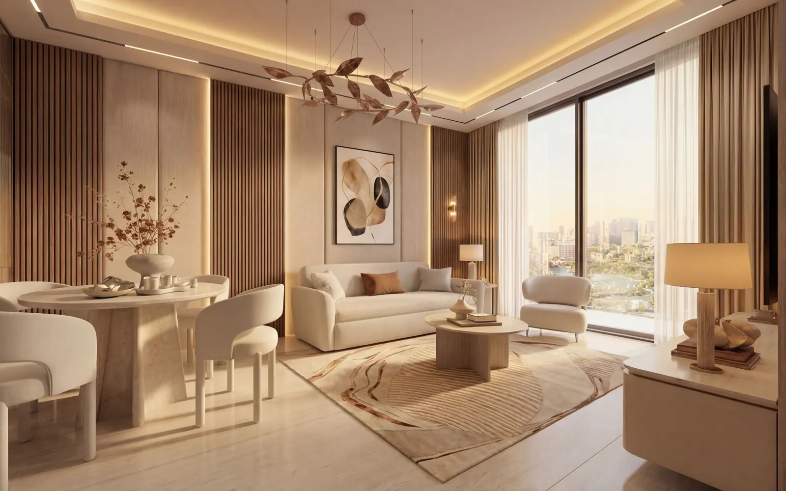The dining area of a Serenz by Danube apartment, looking out over JVC