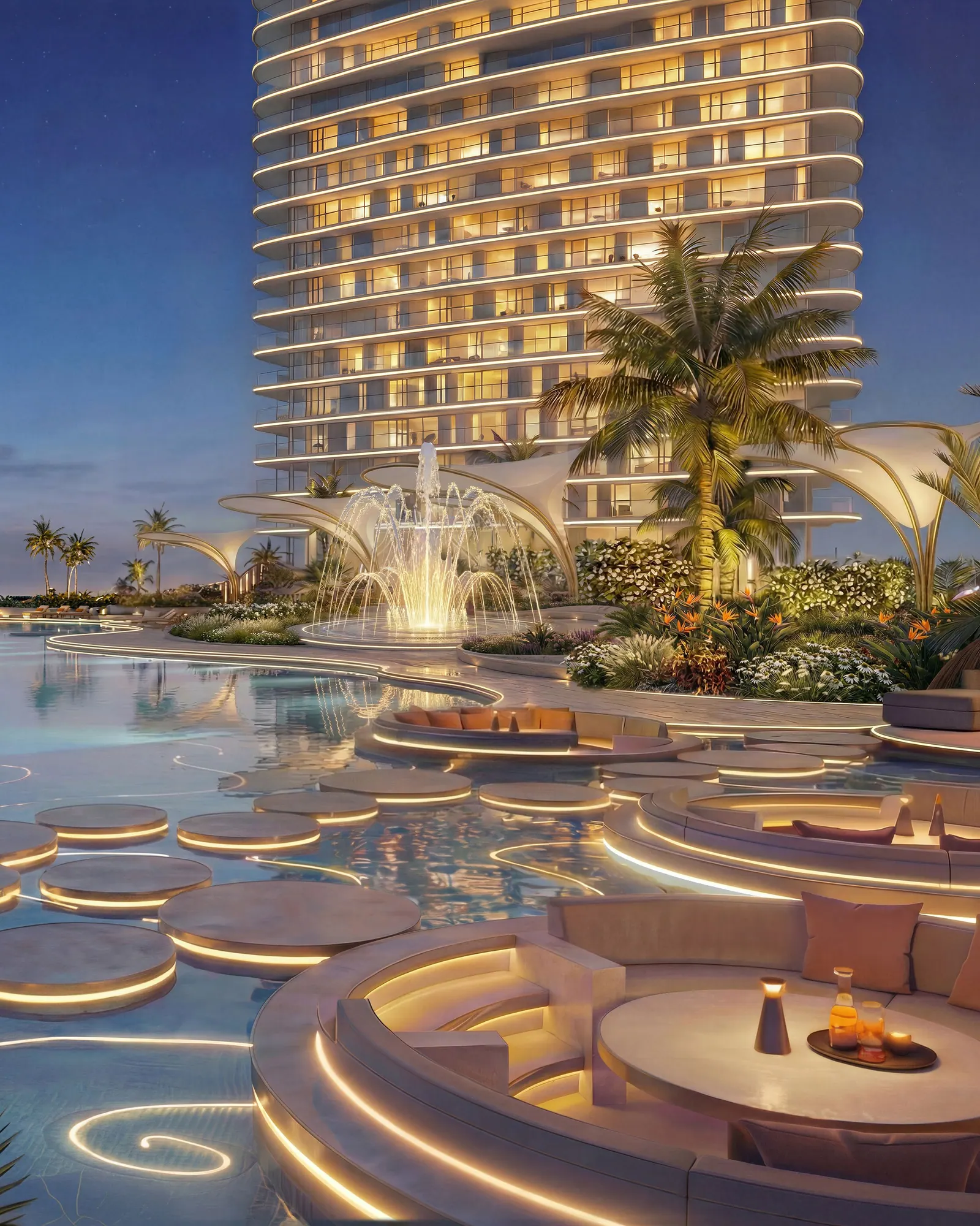 The pool deck at Serenz with sunken fire-pit seating at dusk