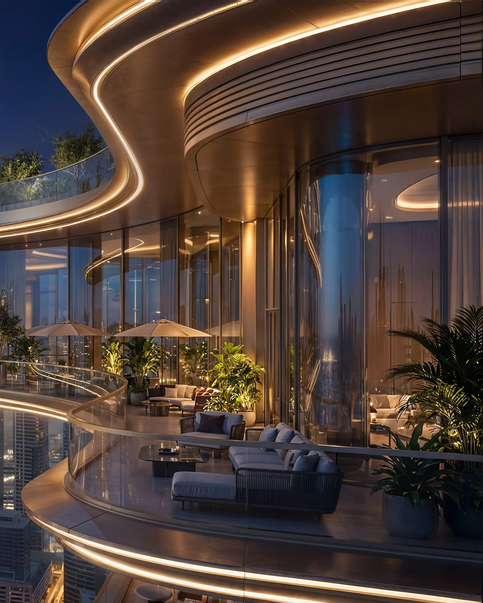 The Serenz terrace lit up at night