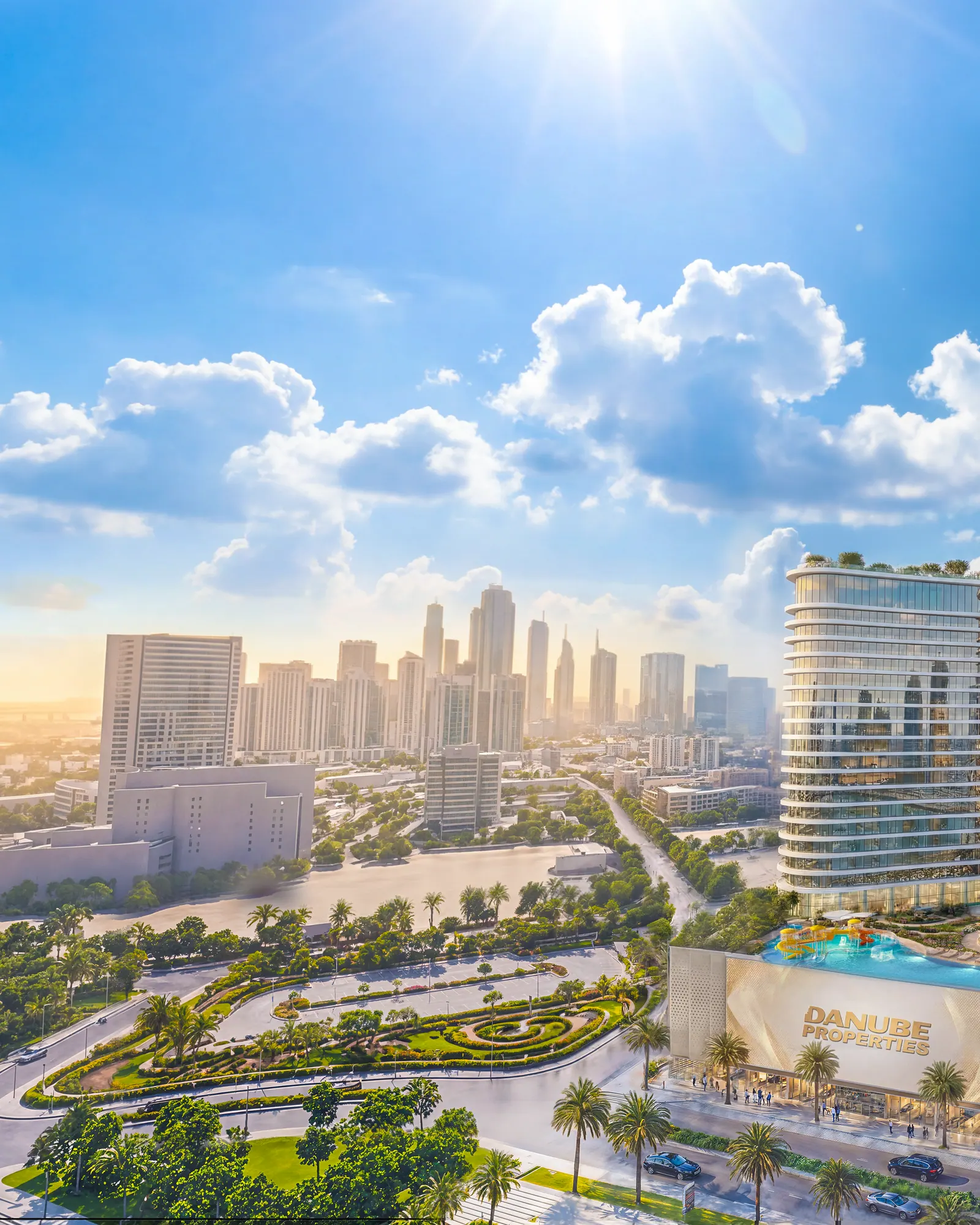 Aerial view of Serenz by Danube and Jumeirah Village Circle by day