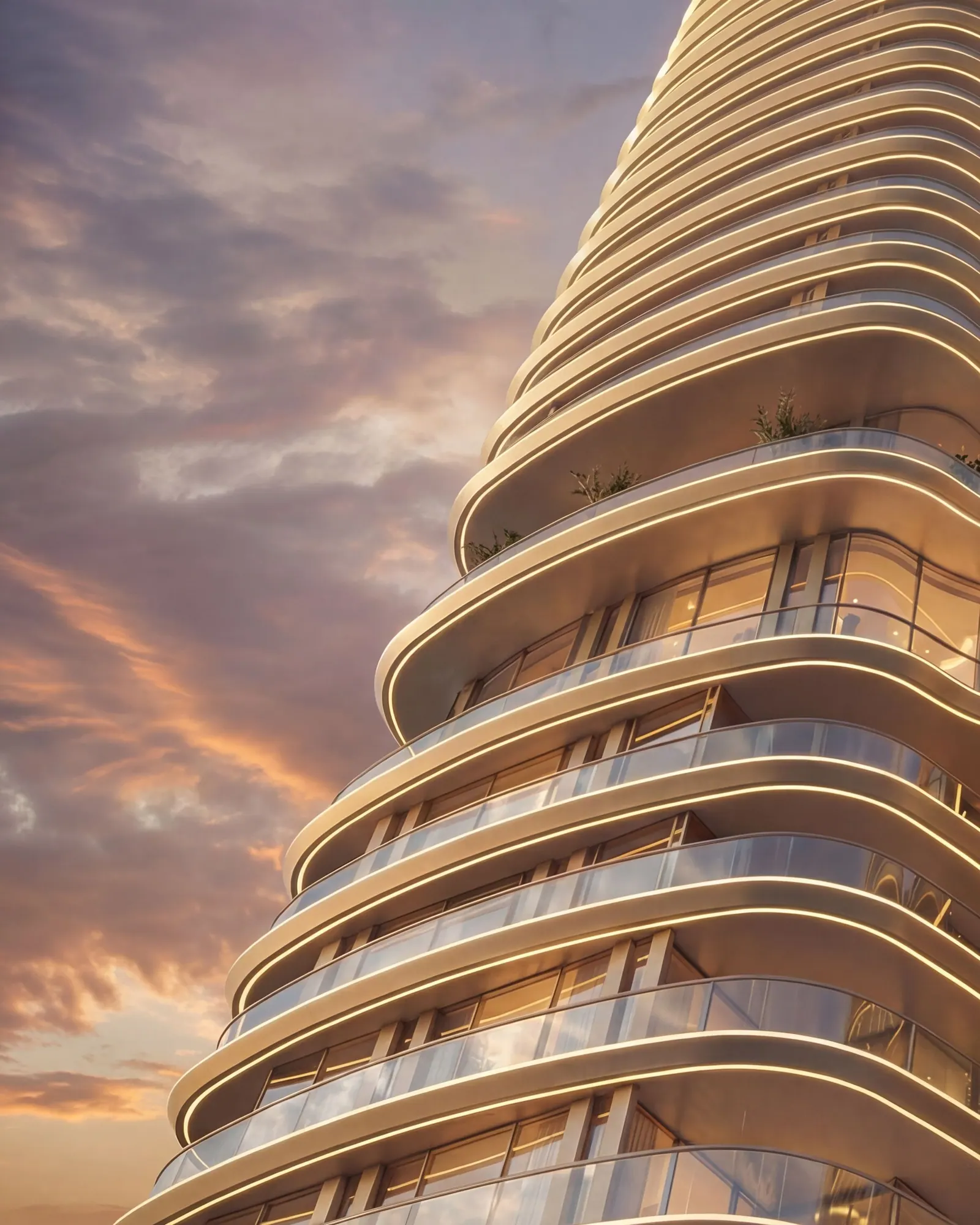 The curved crown of the Serenz tower at golden hour